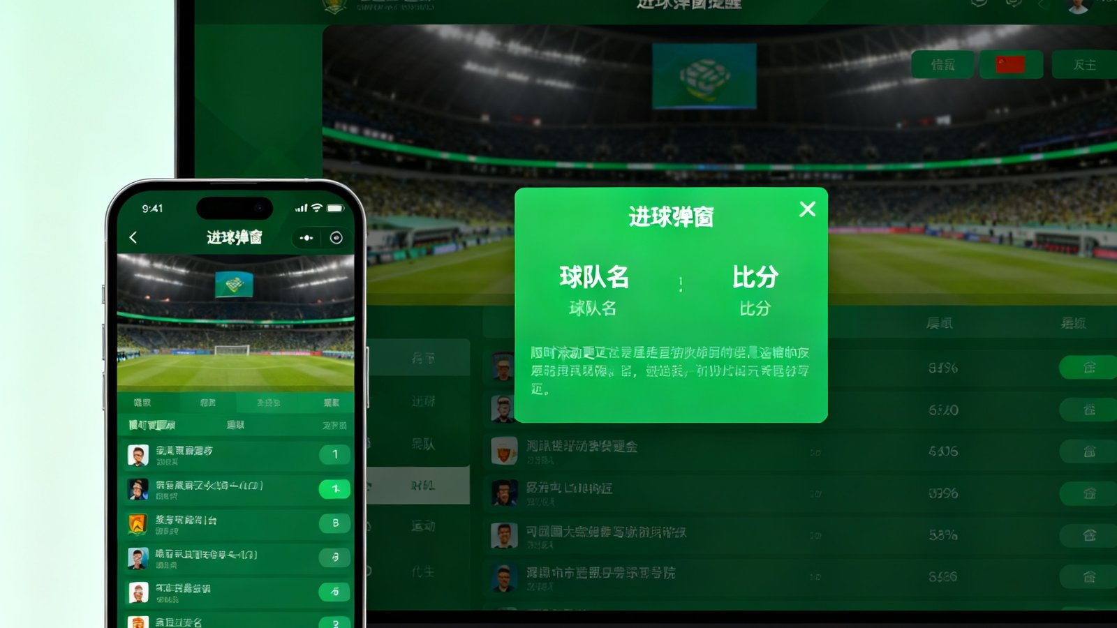 手机与电脑屏幕显示进球弹窗提醒，绿色背景显示球队名和比分，下方实时滚动更新列表