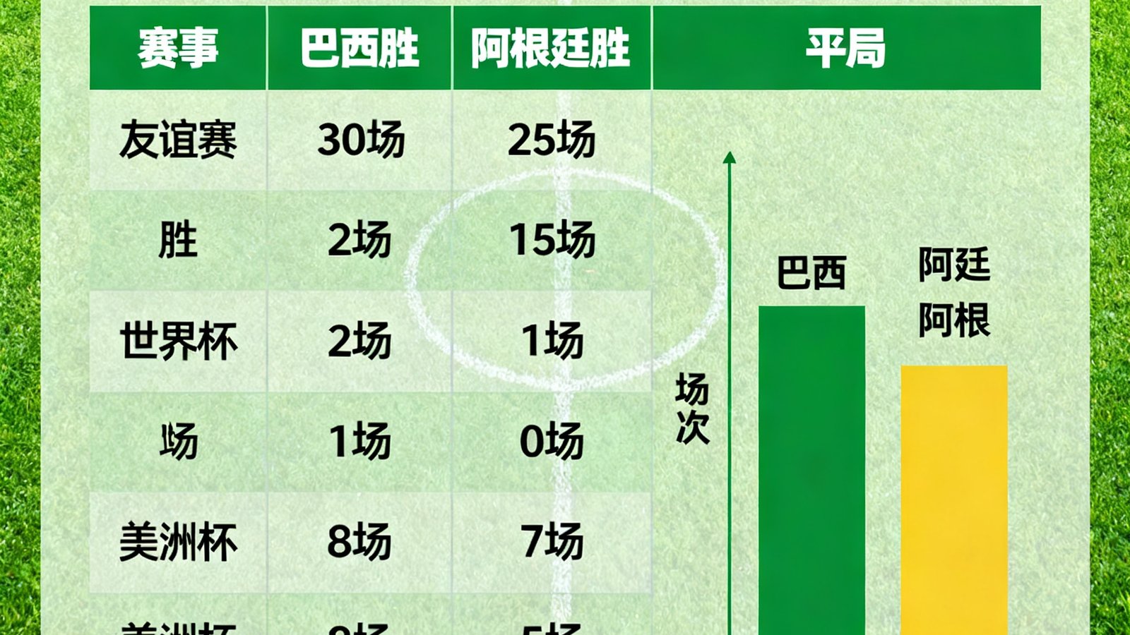 历史交锋记录表格巴西vs阿根廷，柱状图展示胜平负分布，背景有绿茵场